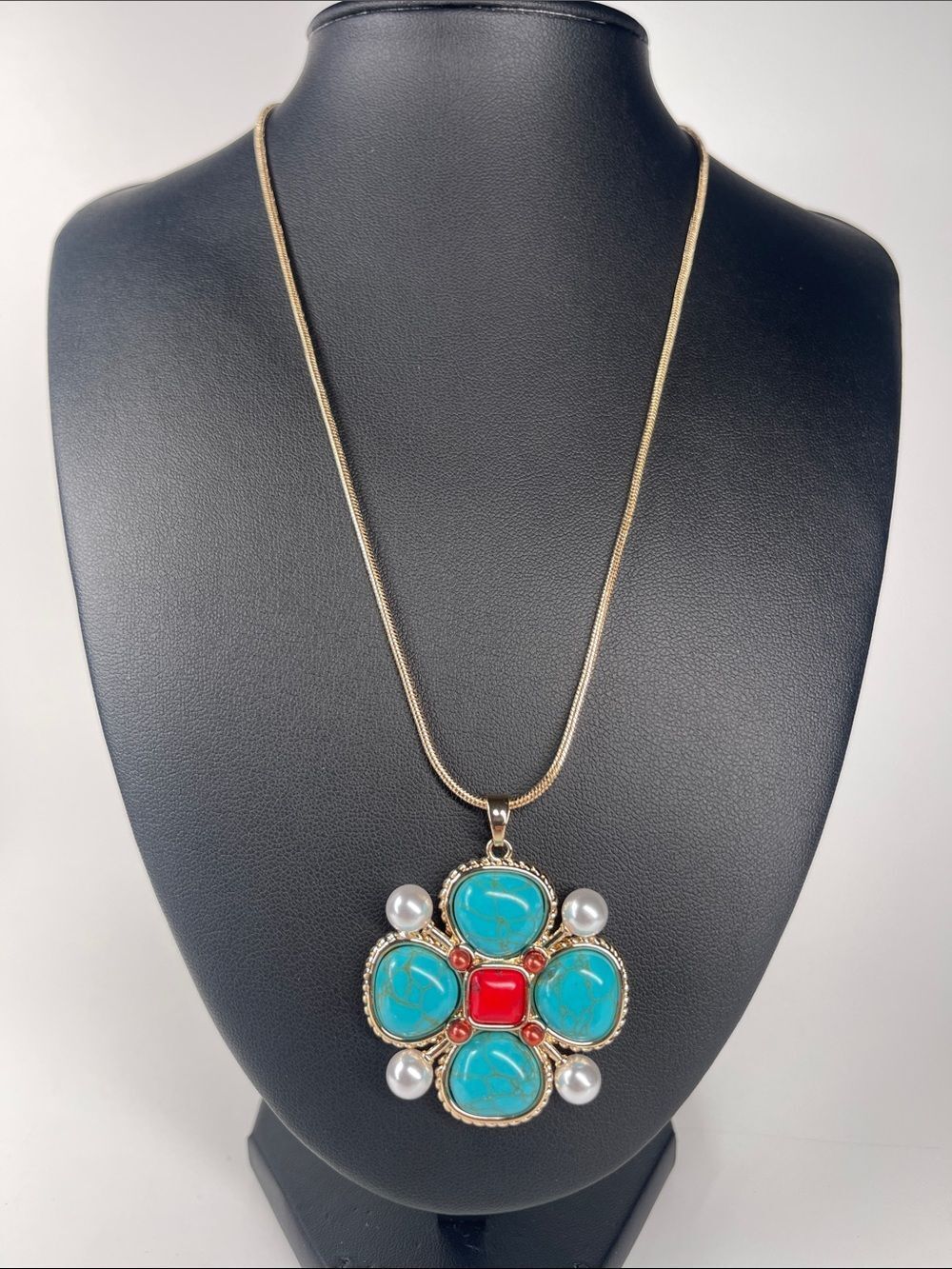 Silver Necklace with Turquoise and Red Accent Pendant